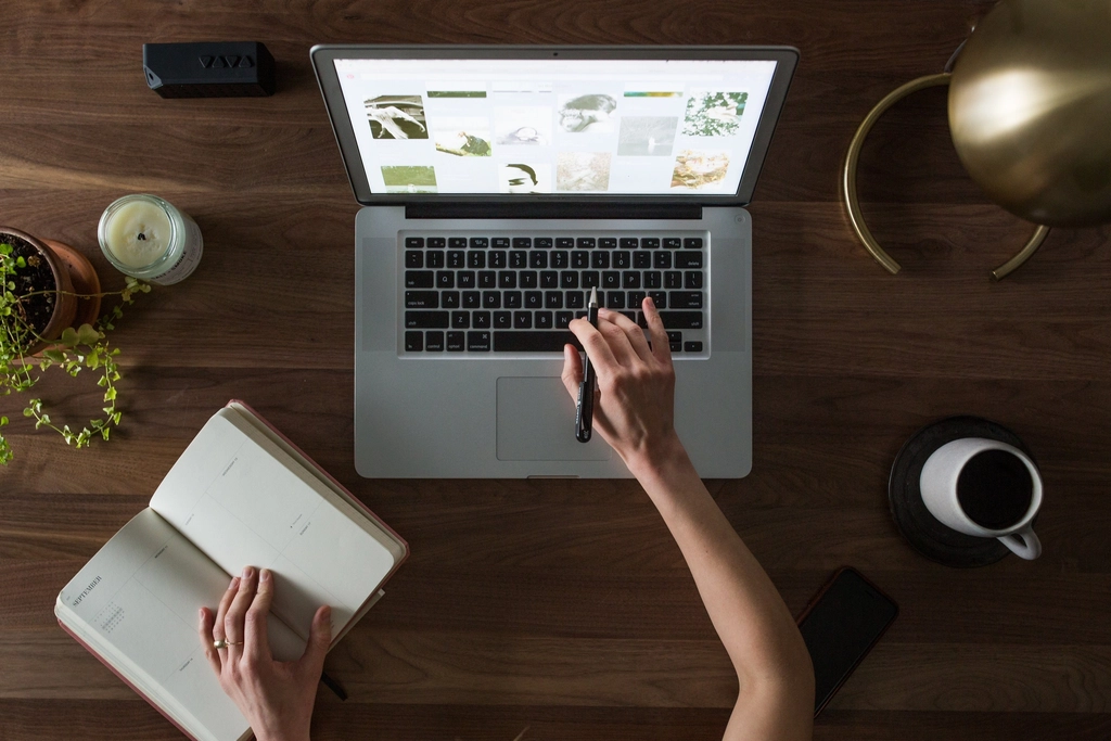 View woman working laptop desk